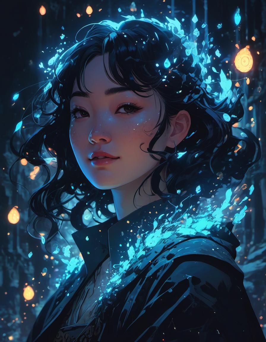 Anime Sorceress Casting Magic with Glowing Particles