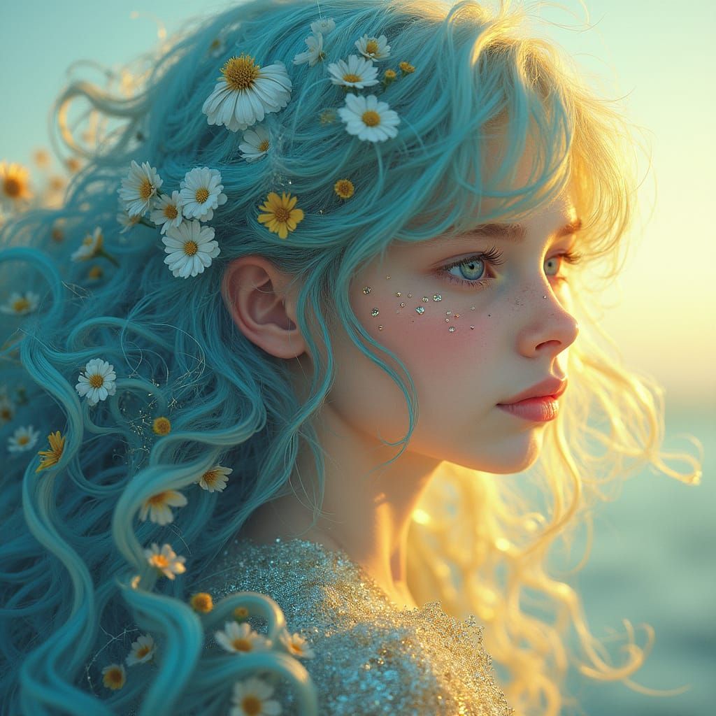 Ethereal Girl Composed of Sky, Sun, and Flowers