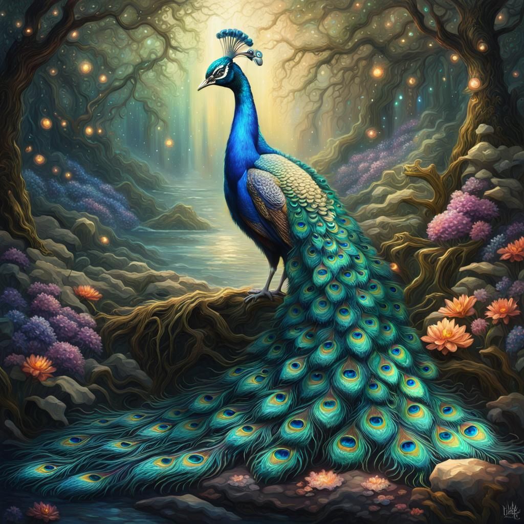 Iridescent Peacock in Bioluminescent Forest