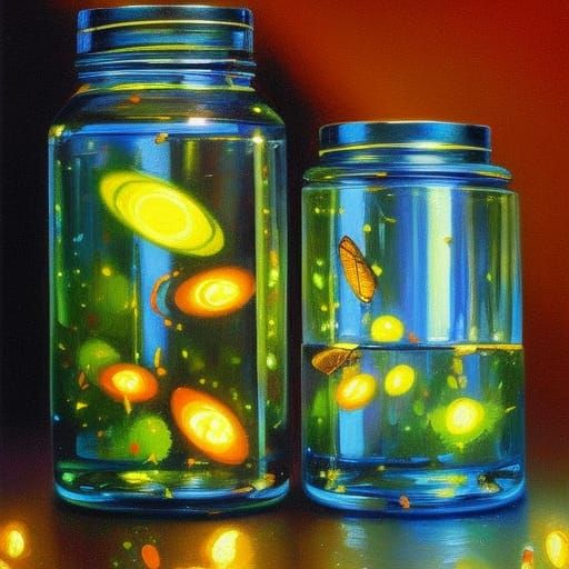 Fireflies in Jars: Detailed Oil Painting