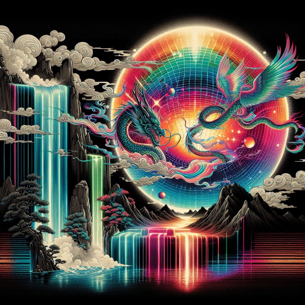 Ukiyo-e Dragon with Prismatic Orb and Neon Waterfalls