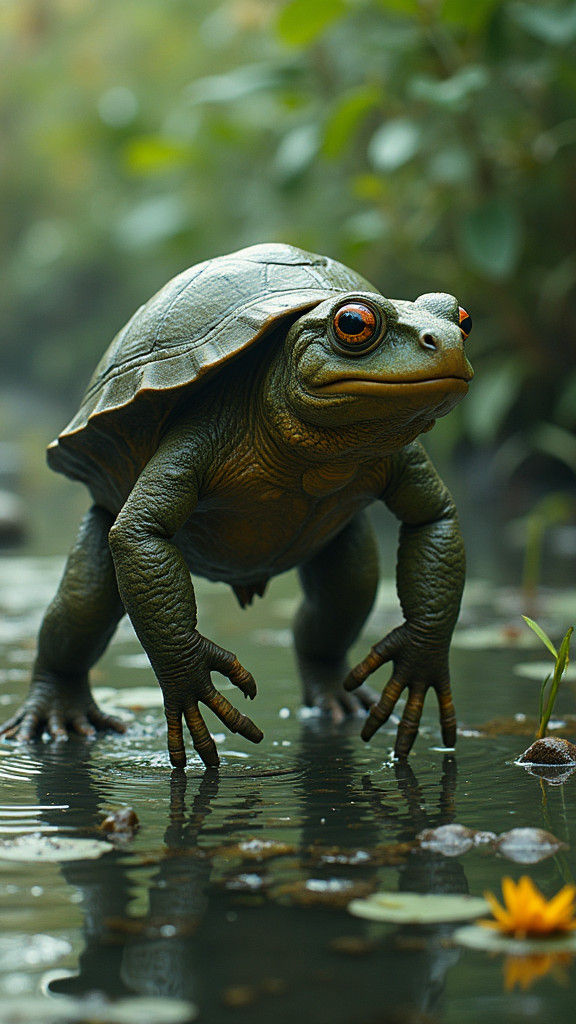 Frog-Turtle Hybrid Creature in Murky Pond
