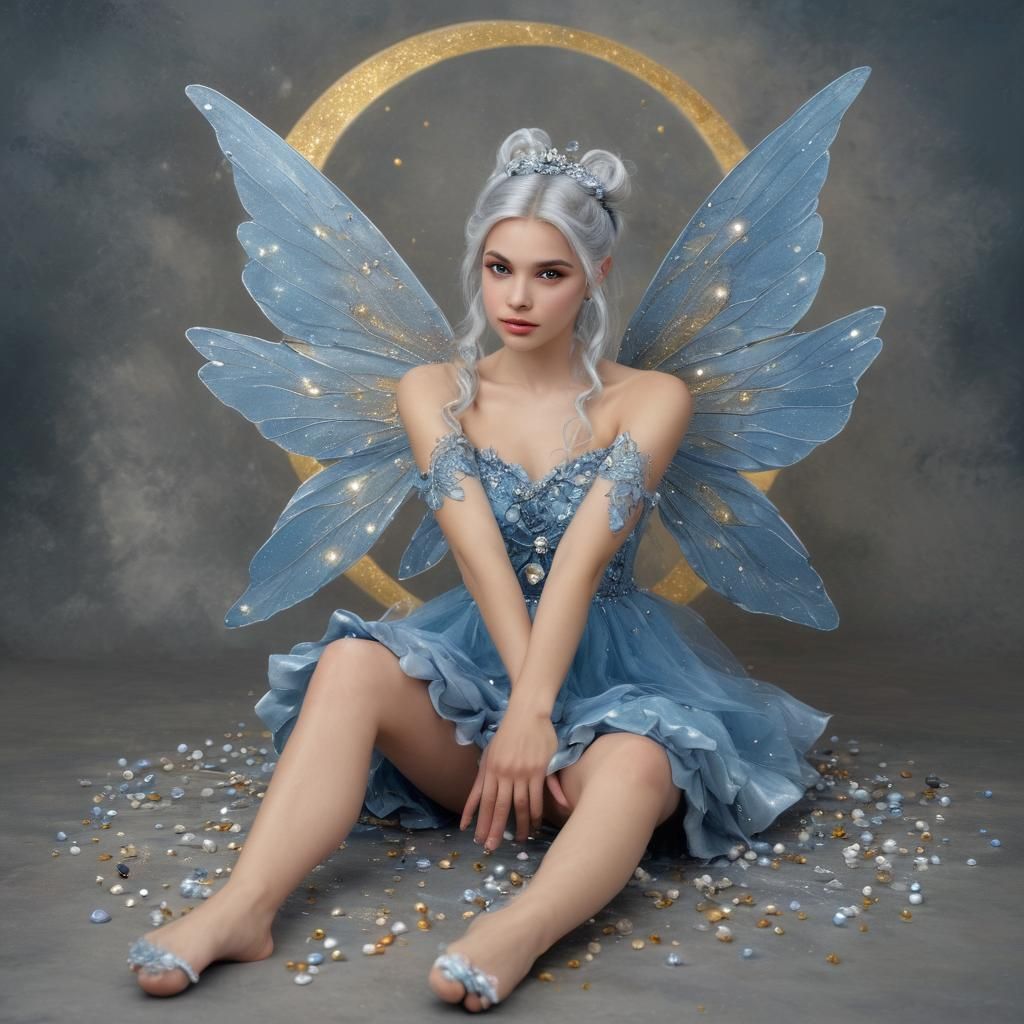 create a beautiful fairy sitting on the ground knees drawn u...