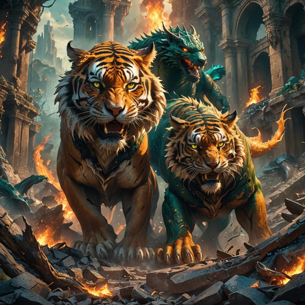 Fierce Tiger and Dragon Battle in Fantasy Art