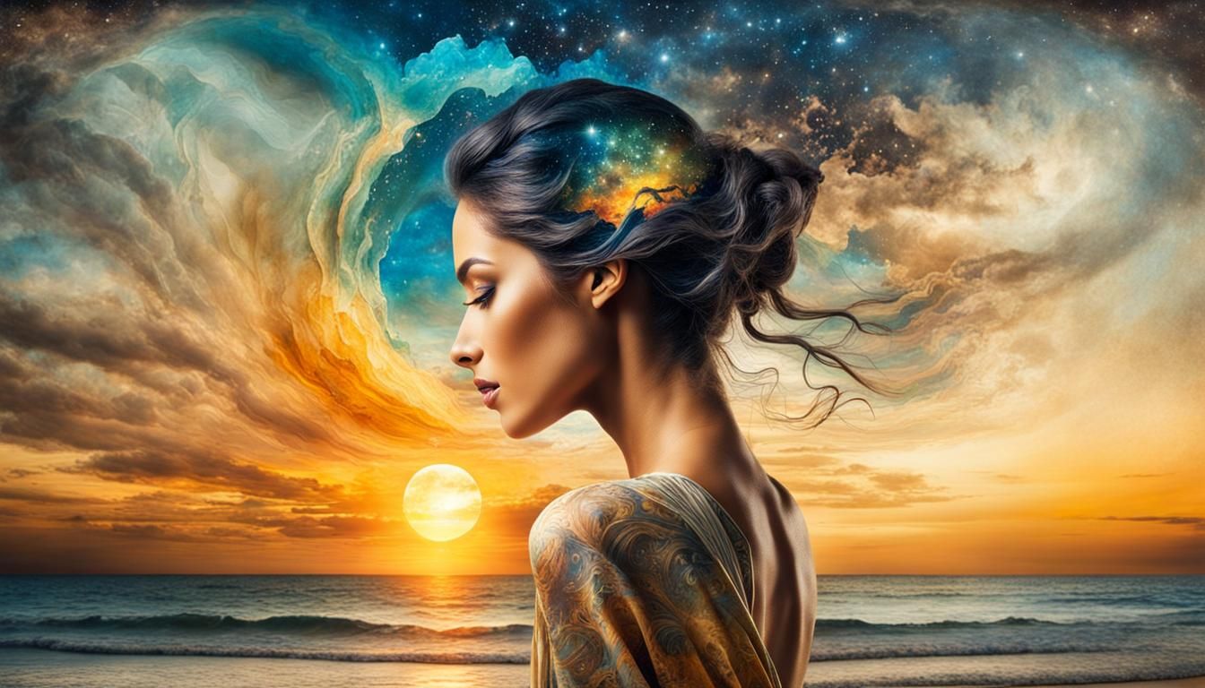 Dreamlike Double Exposure: Woman, Sunset, Cosmic Skies