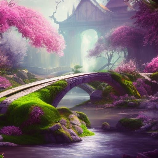 Spring Blossoms by Stream: Fantasy Matte Painting
