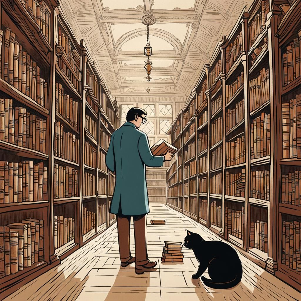 Librarian and Cat in Library: Storybook Illustration