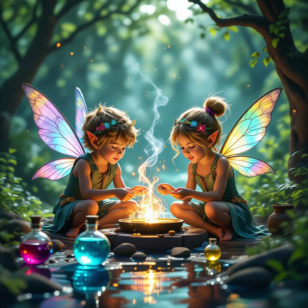 Playful Fairies Brew Potions in Magical Grove
