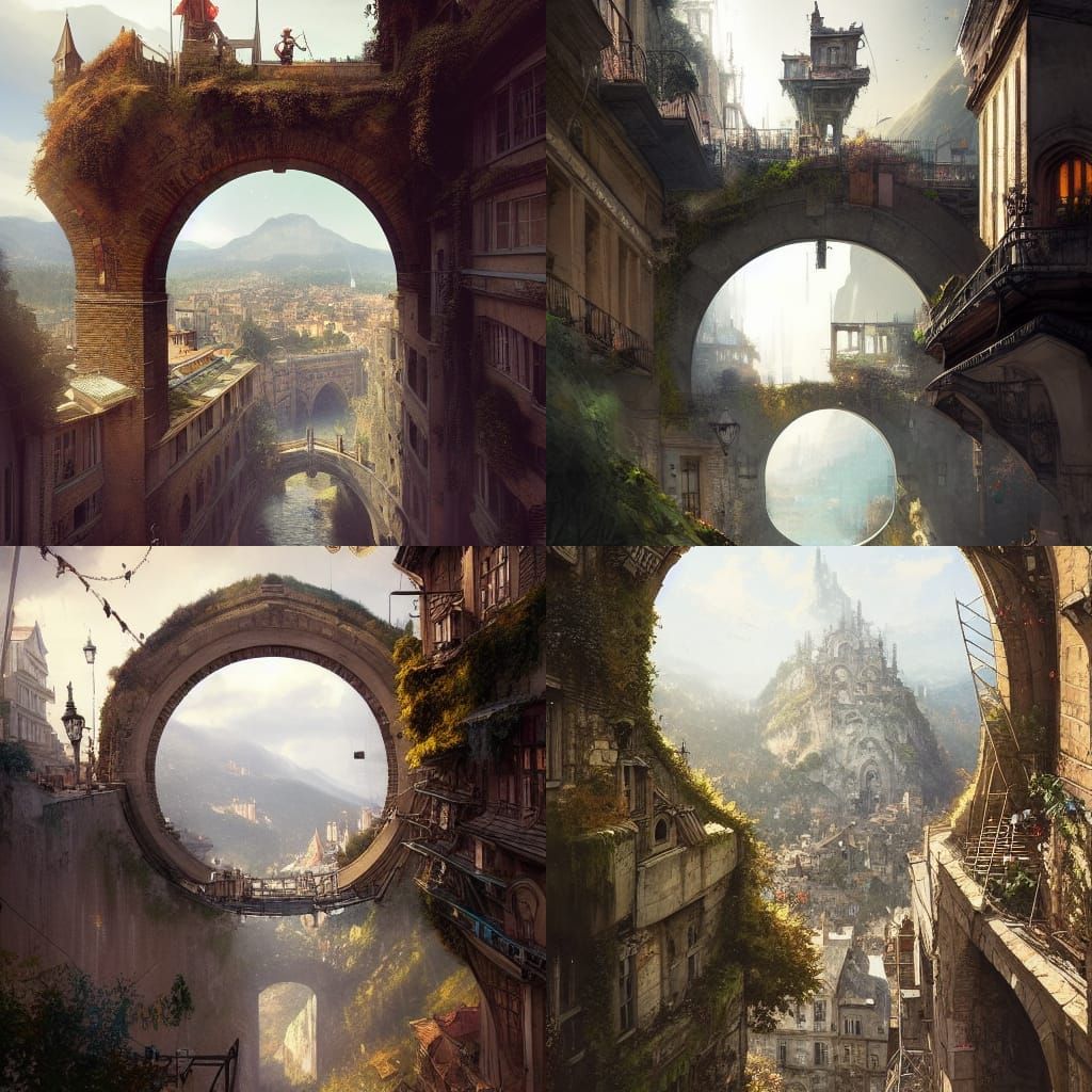 Epic Vertical Town Through Stone Archway