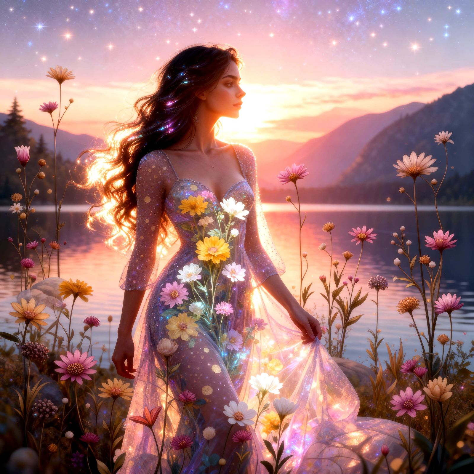 Dreamlike Woman with Sunlit Face and Shimmering Hair