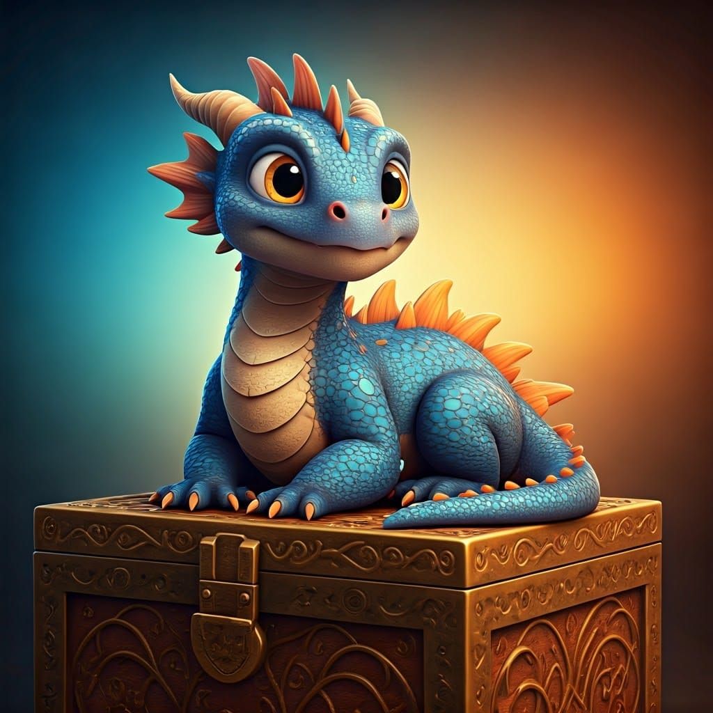 Blue and Orange Dragon on Jeweled Chest