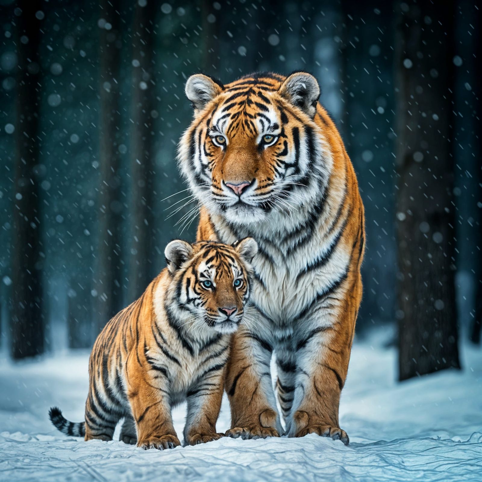 Siberian Tigress and Cub in Snowy Forest Cinematic Scene