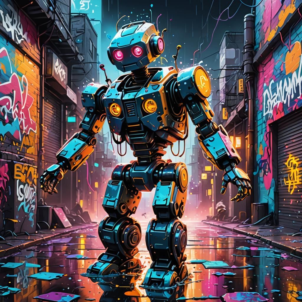Bouncing Robot Dances in Electric Graffiti Dreamscape
