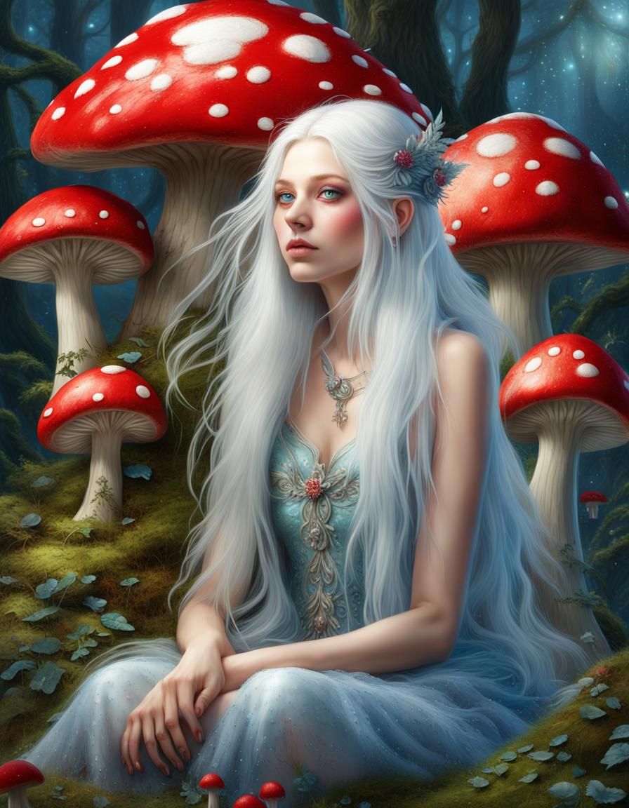 Beautiful Fairy Portrait on Toadstool, Fantasy Concept Art
