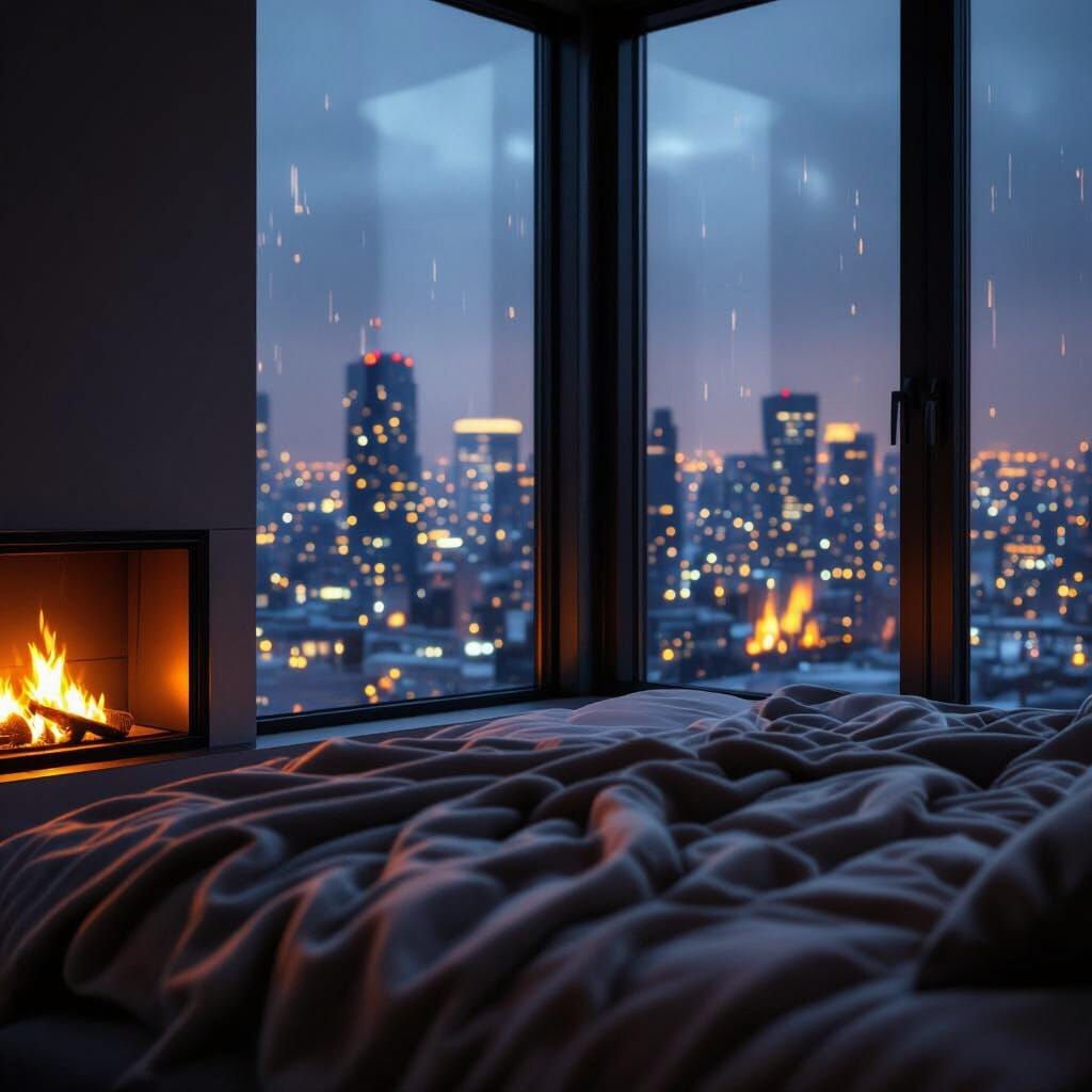 Cozy Modern Bedroom with Rainy City Night View