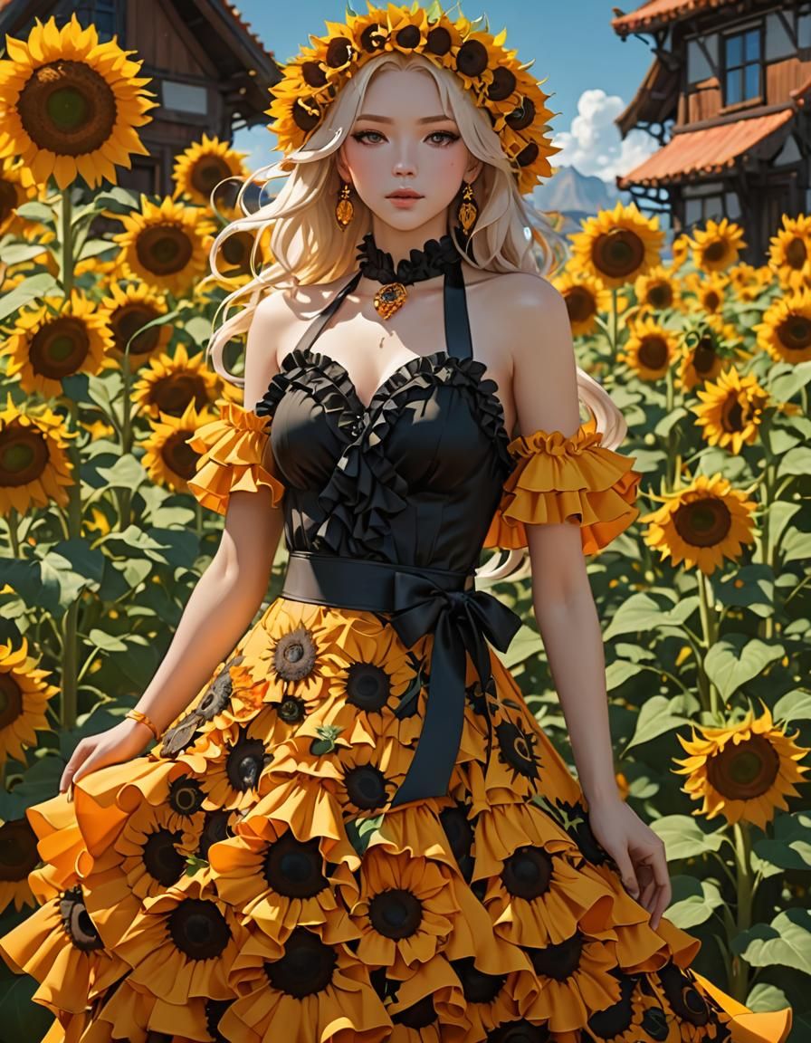 Flamenco Dancer in Sunflower Field, Anime Art