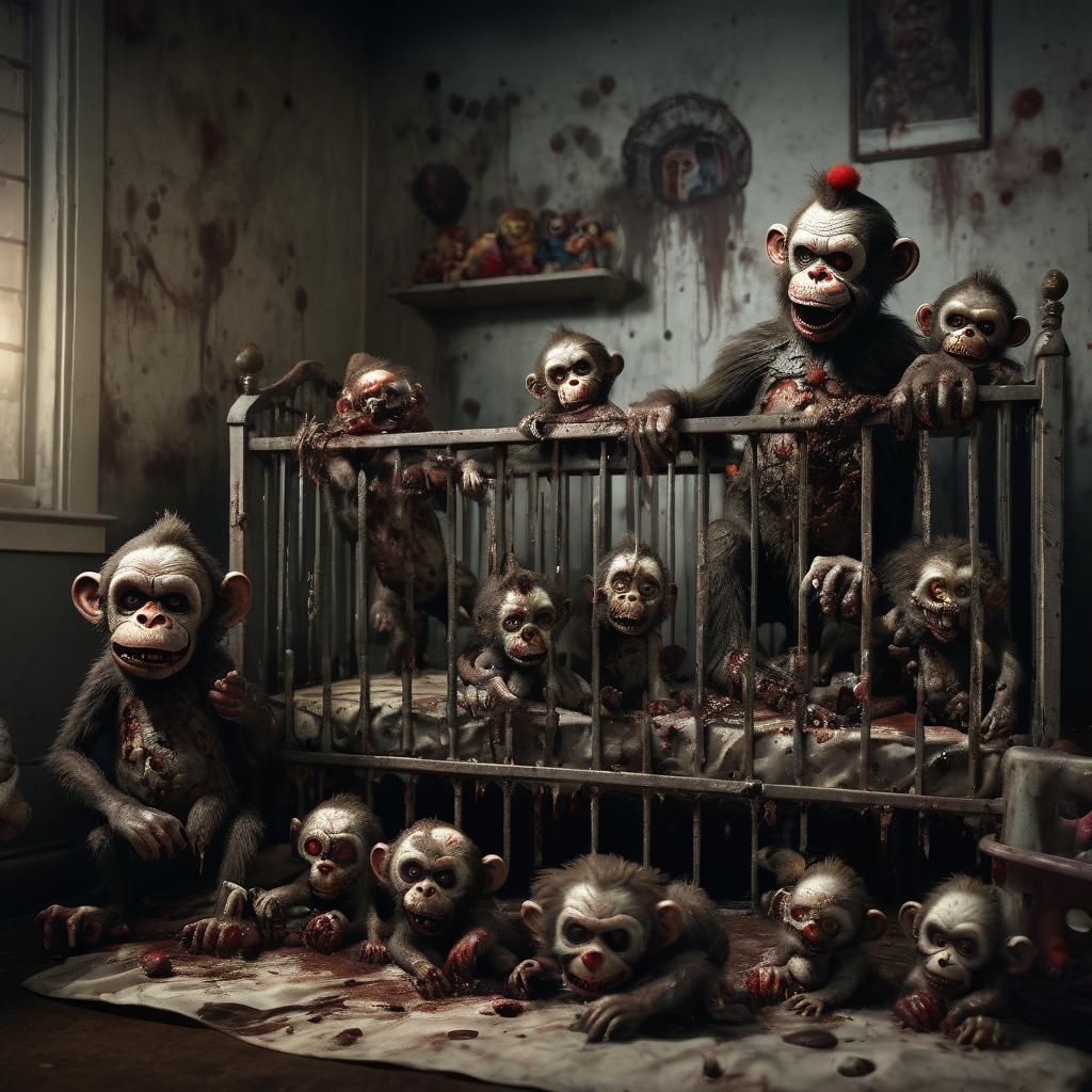Frightening Zombie Monkey Clown Toddlers in Crib