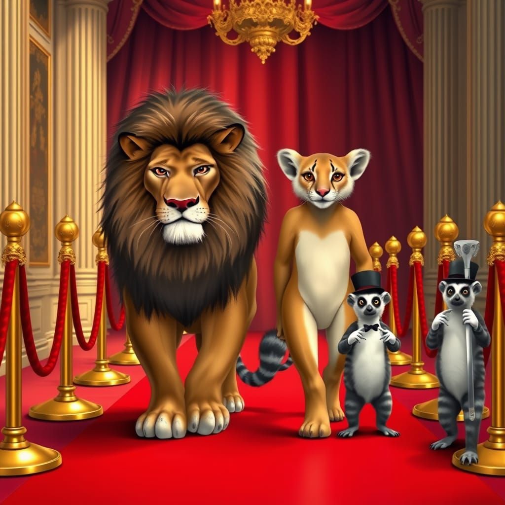 Regal Lion and Lioness on Luxurious Red Carpet