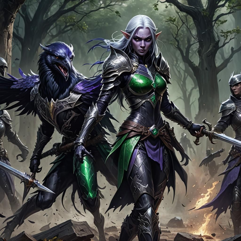 Fierce Drow Elf with Mace, Detailed Matte Painting