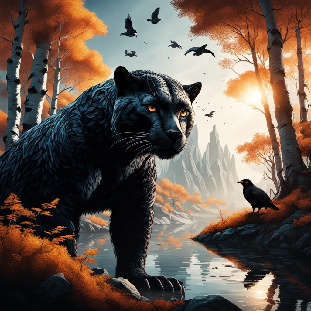 Surreal Birch Forest with Penguin Nest, Digital Art