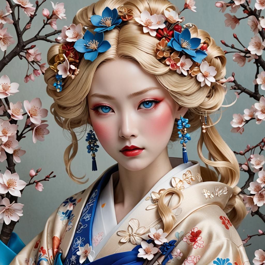 Japanese Girl with Cherry Blossom Kanzashi, Art Nouveau