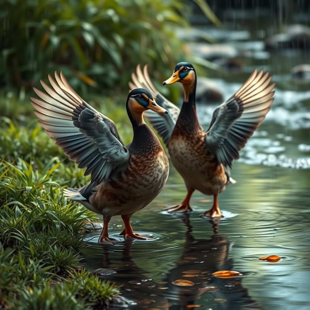 Dancing Ducks by Stream in Lush Greenery