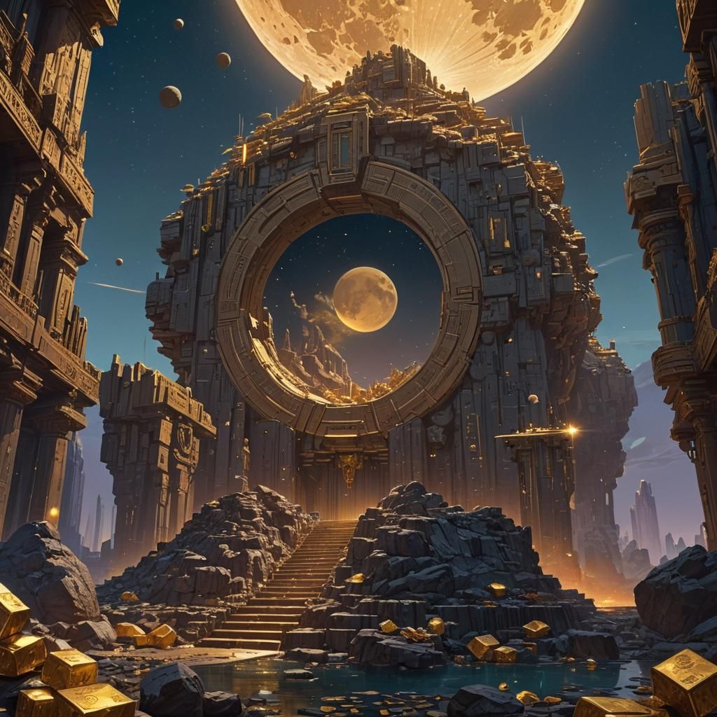Fantasy Moon Over Gold Bars in Painterly Style