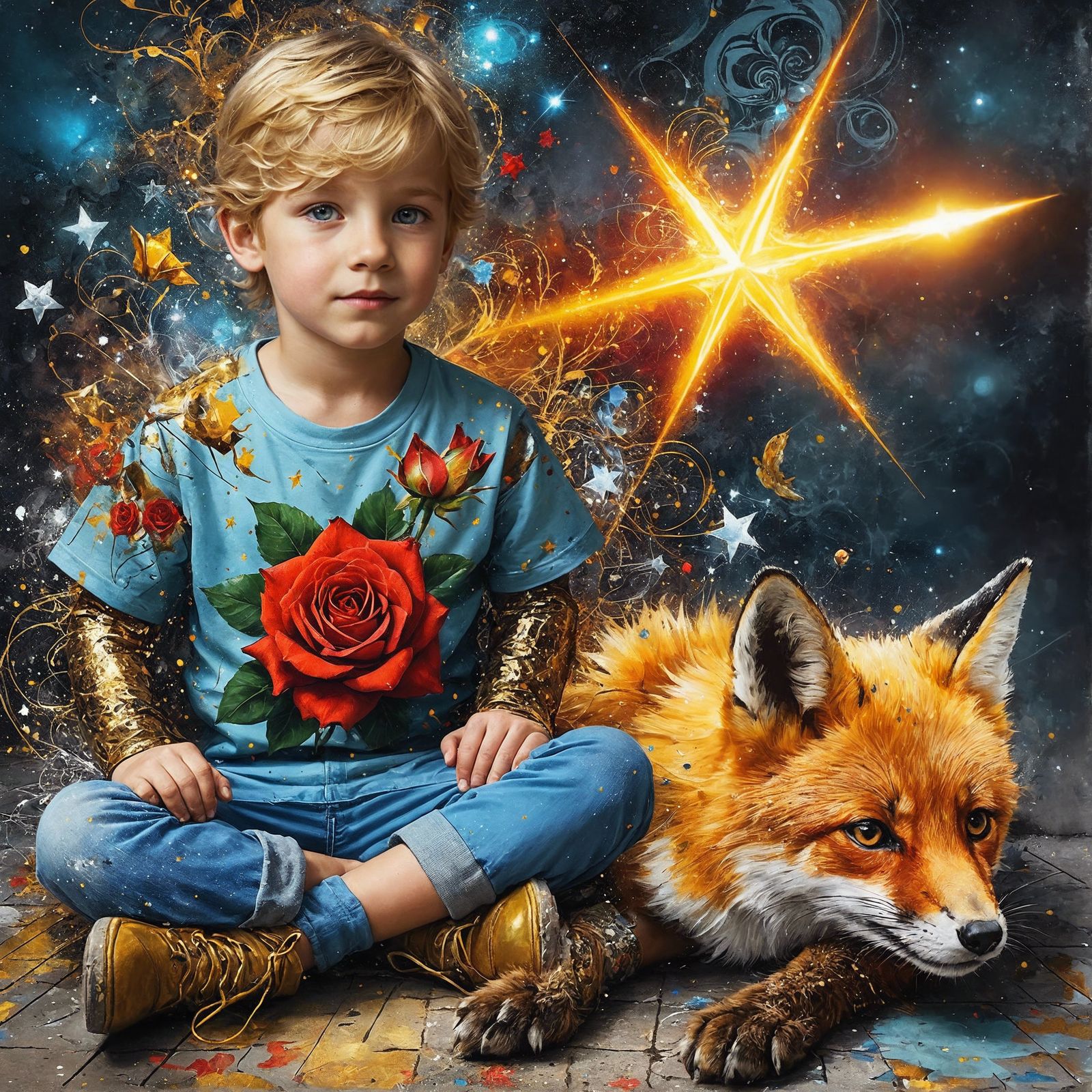 Golden-Haired Boy with Fox in Street Art Style