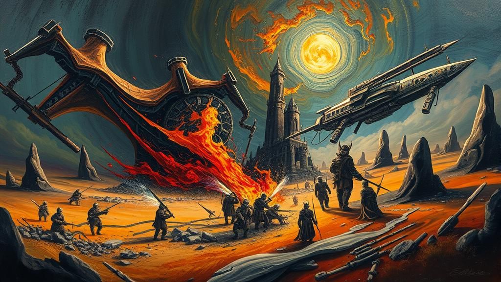 Surreal Apocalyptic Battle in Dreamlike Landscape
