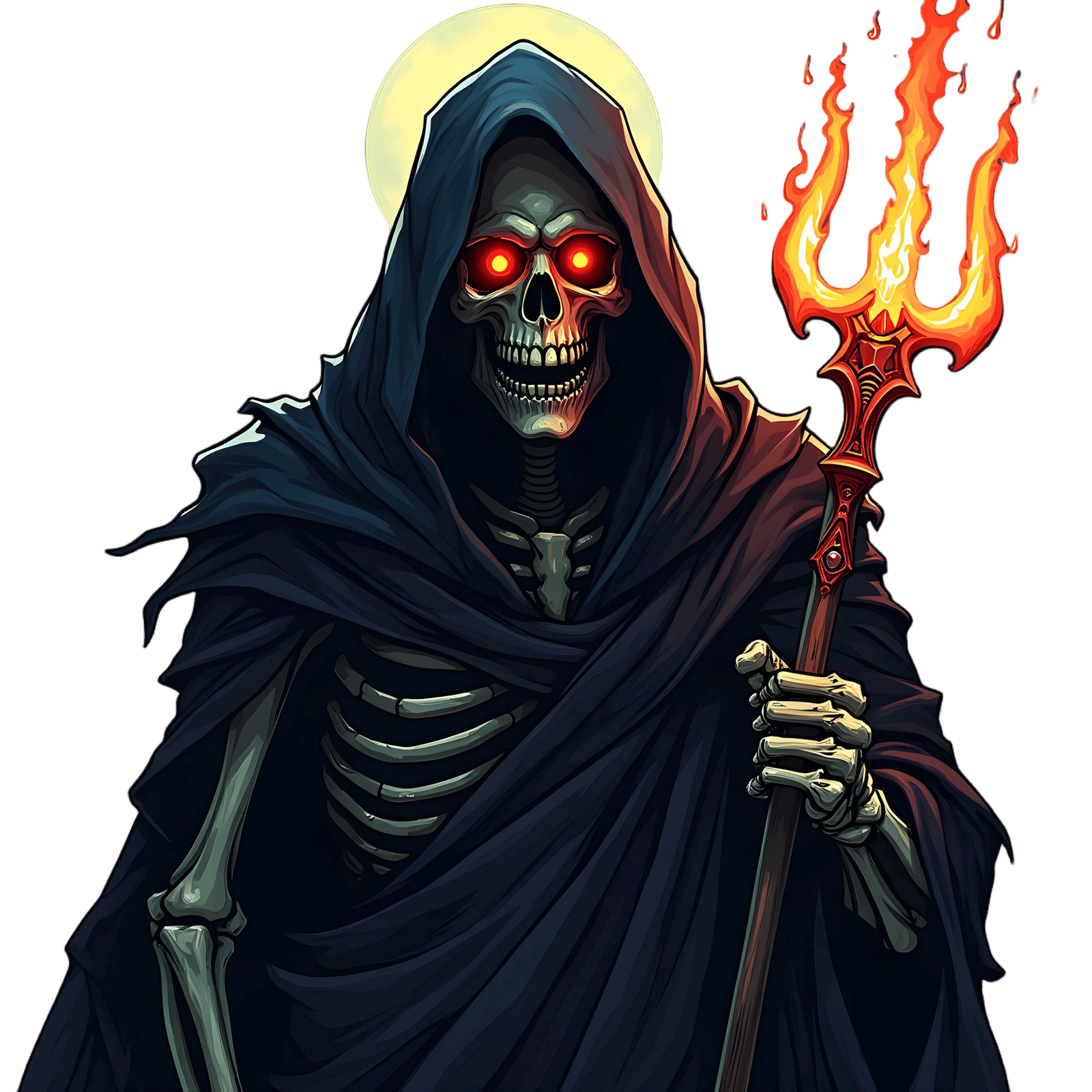Cartoon Grim Reaper with Flaming Eyes and Trident