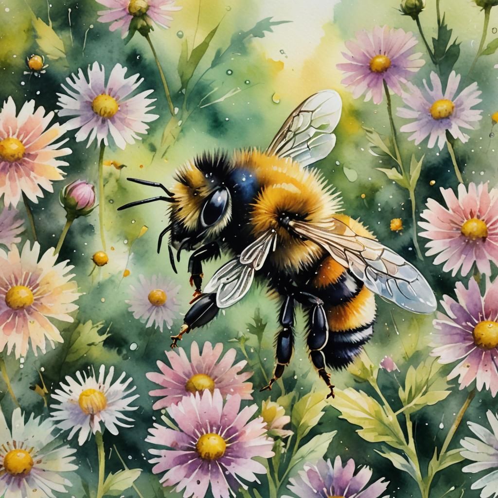 Fluffy Bee on Flower in Abstract Watercolour