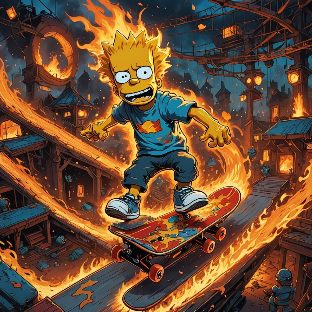 Bart Simpson Skateboarding Through a Blazing Inferno