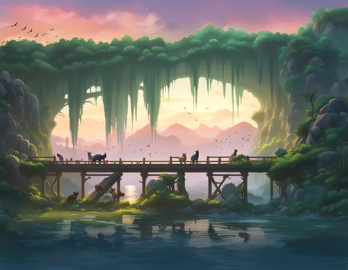 Lush Wildlife Bridge in Mystical Anime Style