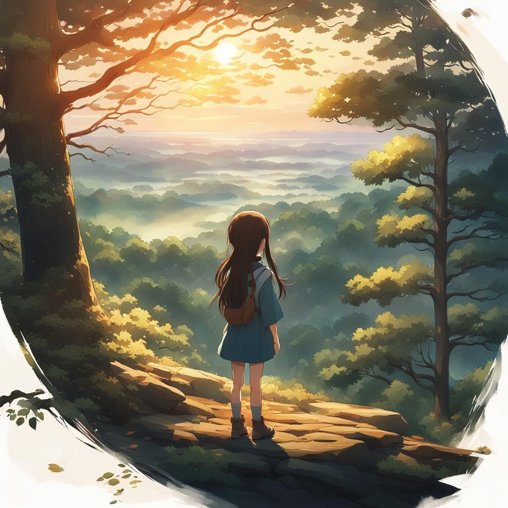 Anime Girl in Forest: Ghibli-Inspired Landscape