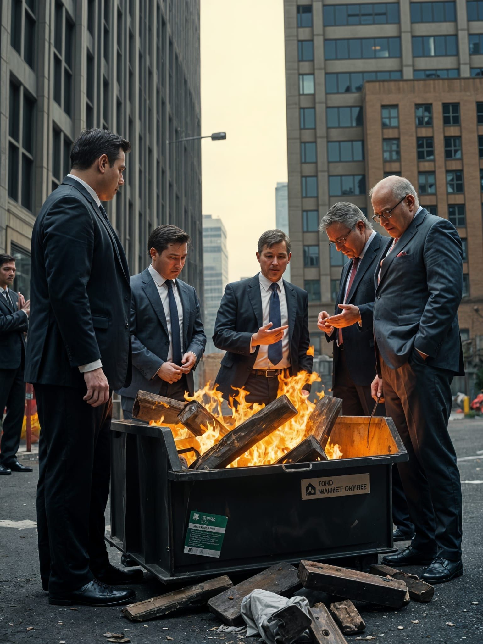 Office Workers Warm Hands by Dumpster Fire