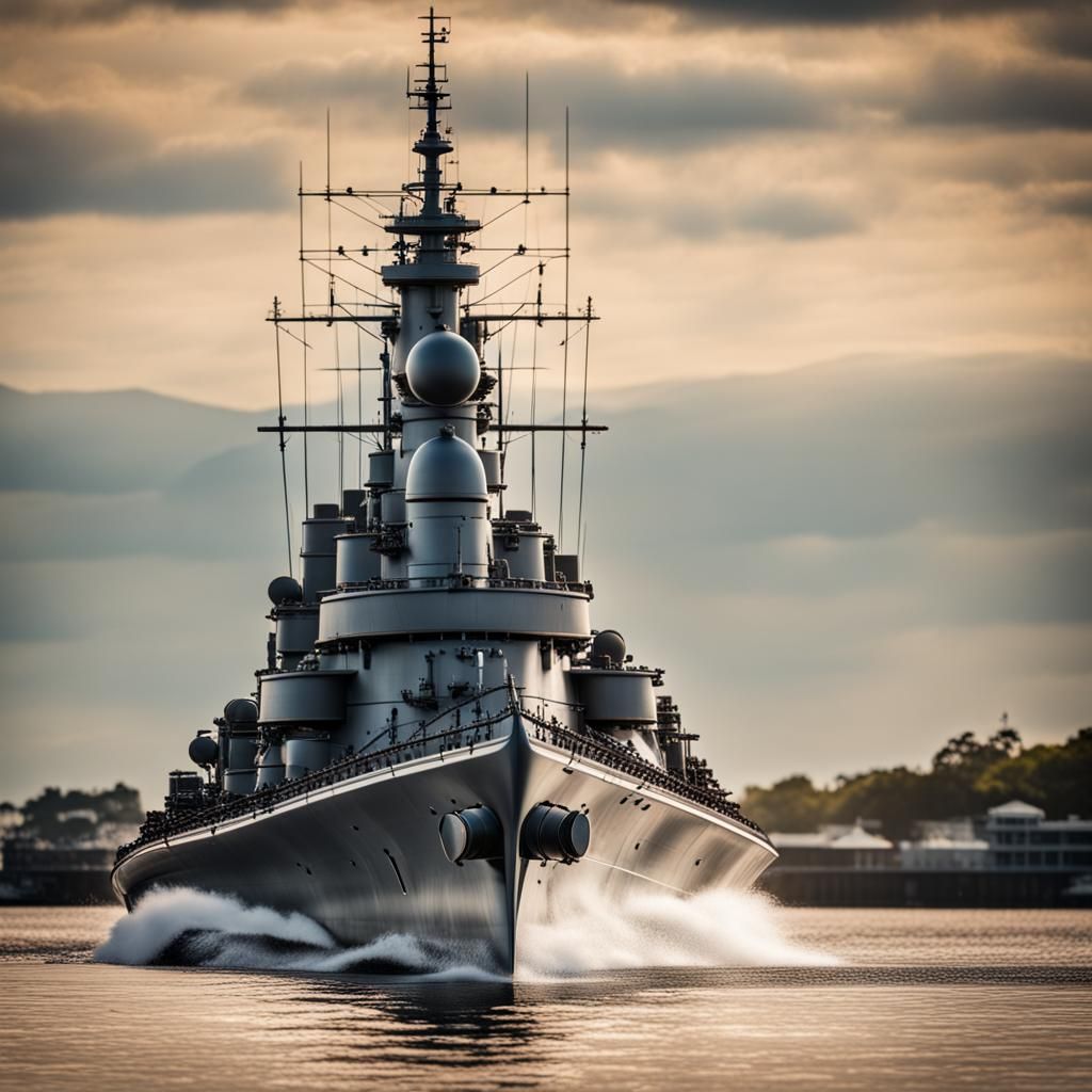 1890s Battleship with Gun Turrets in Sharp Focus