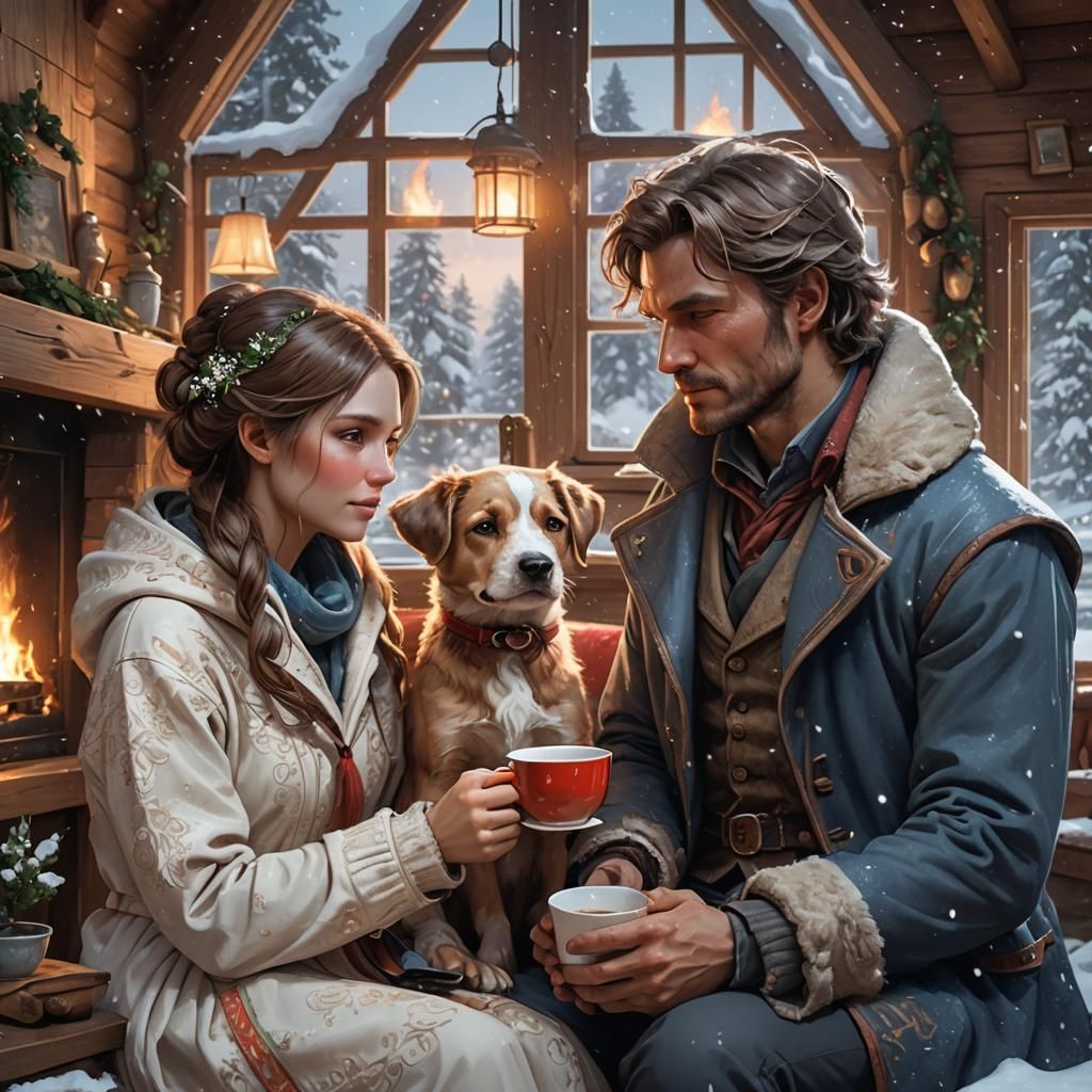 Cozy Cabin Scene with Couple in Scandinavian Style