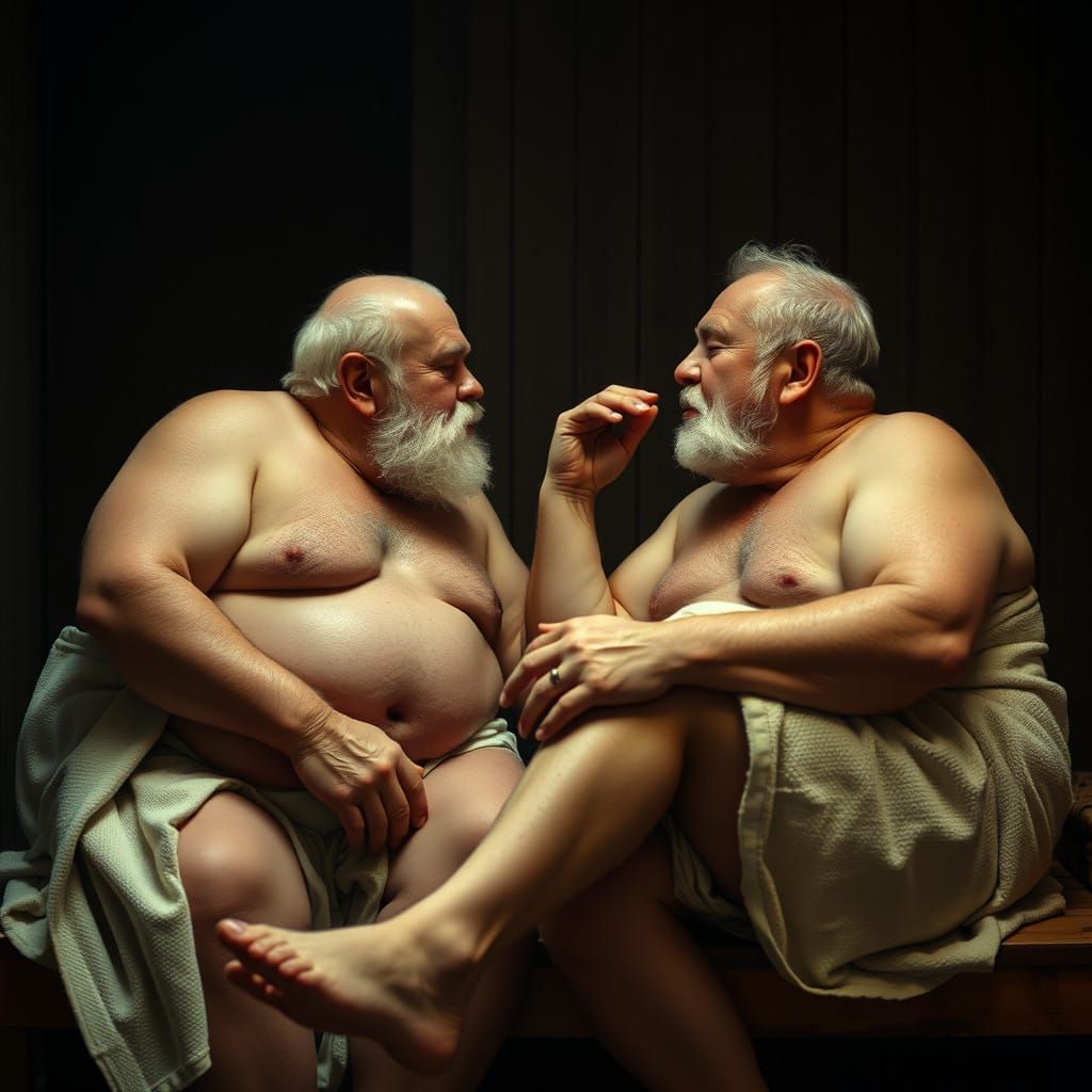 Intimate Sauna Moment between Portly Elderly Gentlemen
