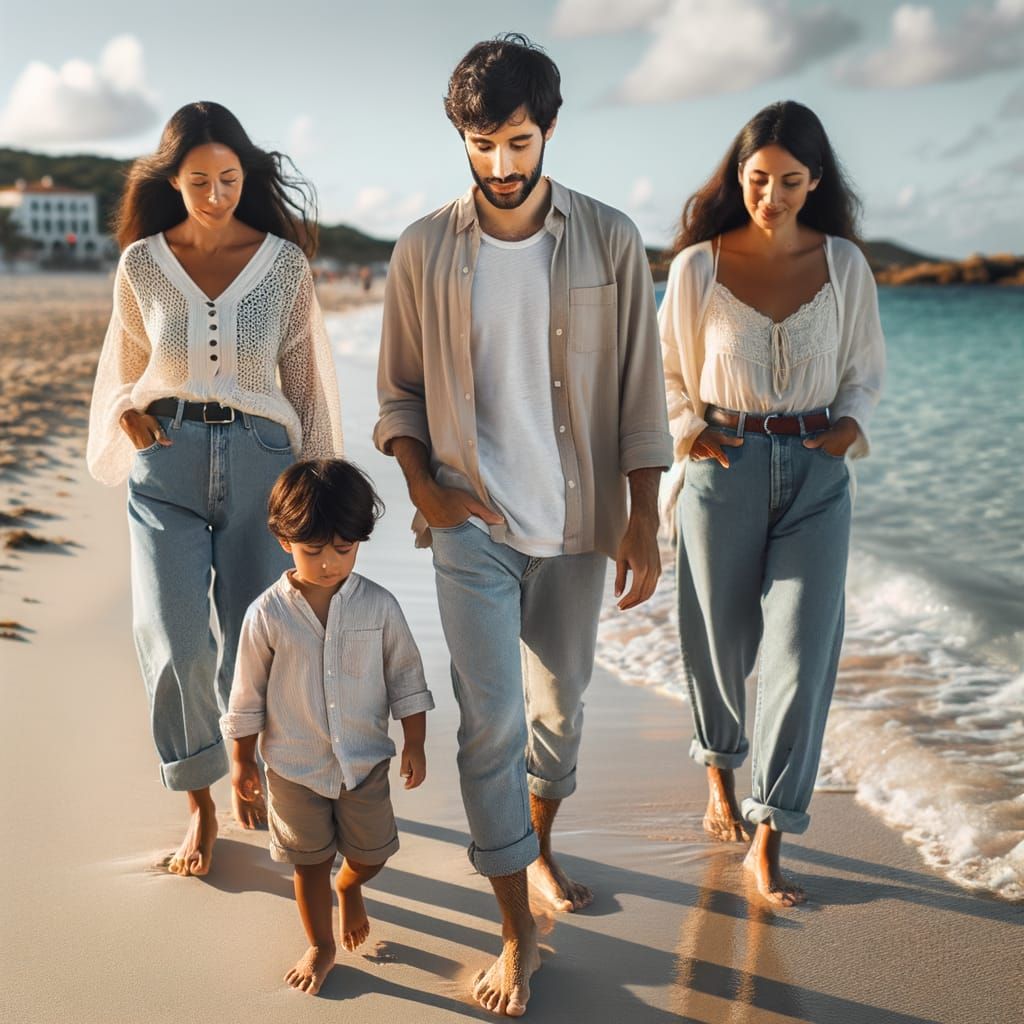 A man walking with his family, through the sand ,of a  beach