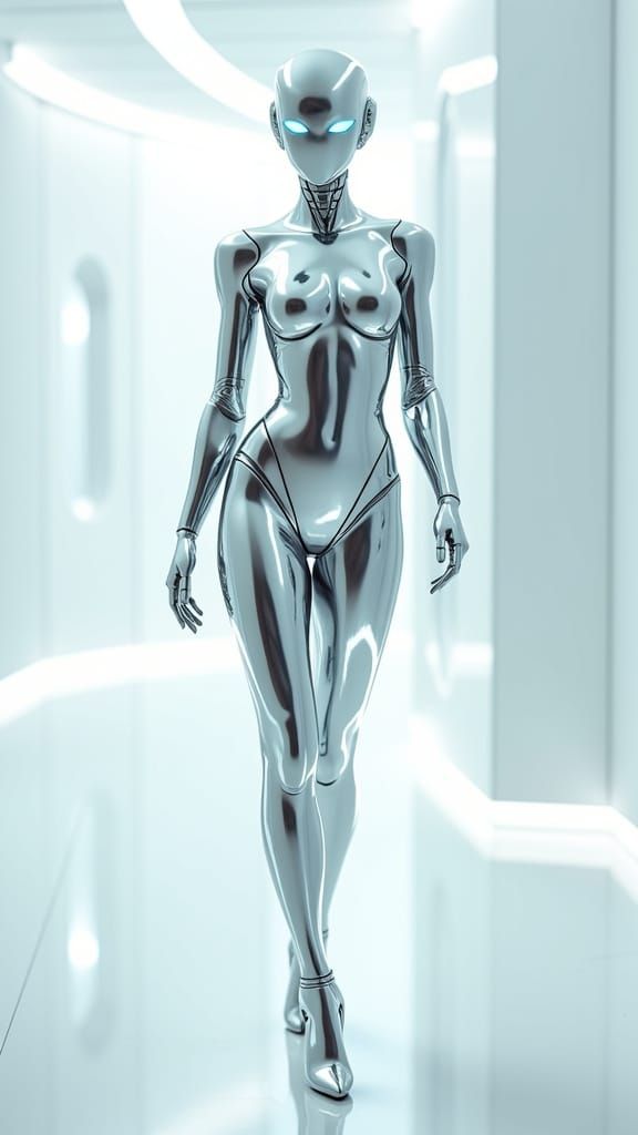 Hyper Realistic Chrome Android in Futuristic White Lab