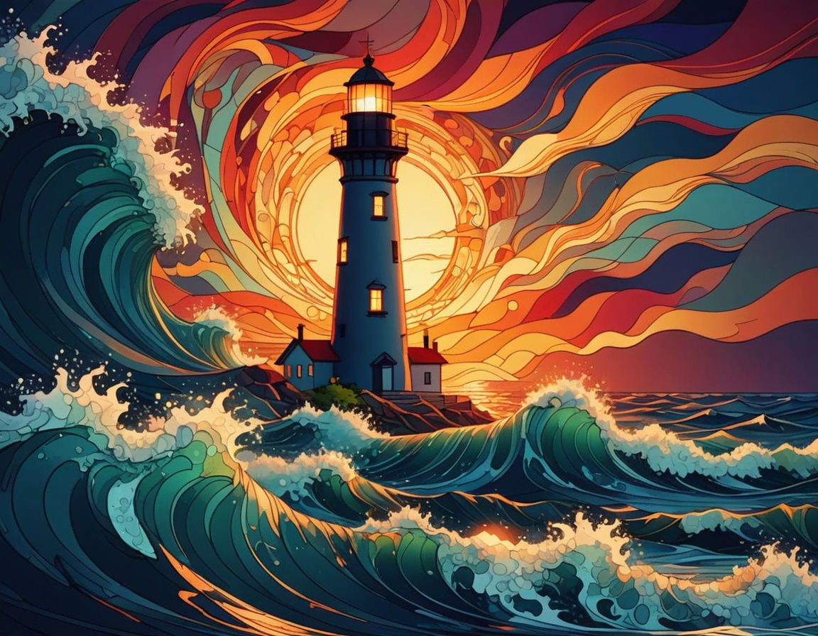Sunset Lighthouse with Abstract Vector Fractals