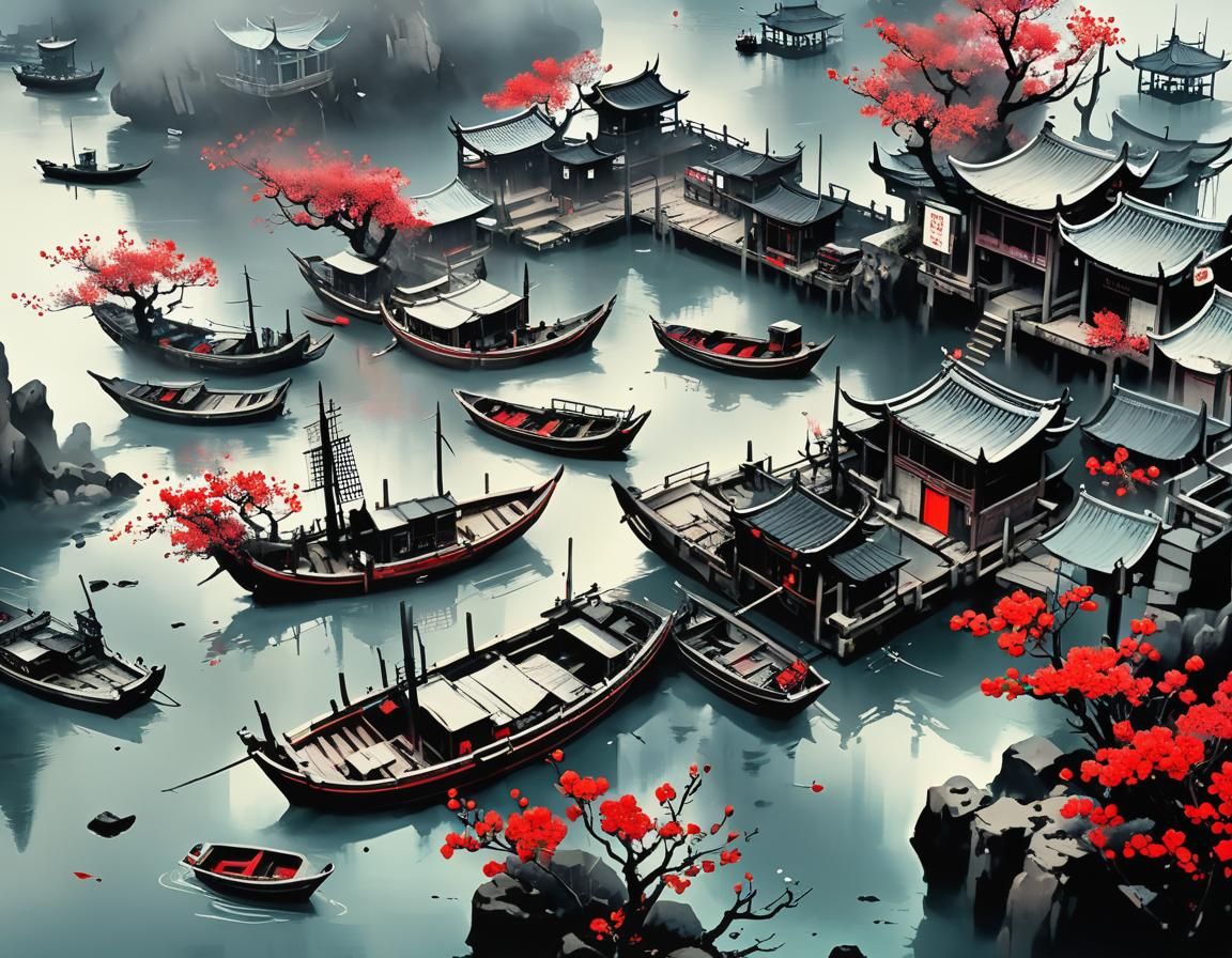 Cyberpunk Harbor: Drone View in Chinese Ink Style