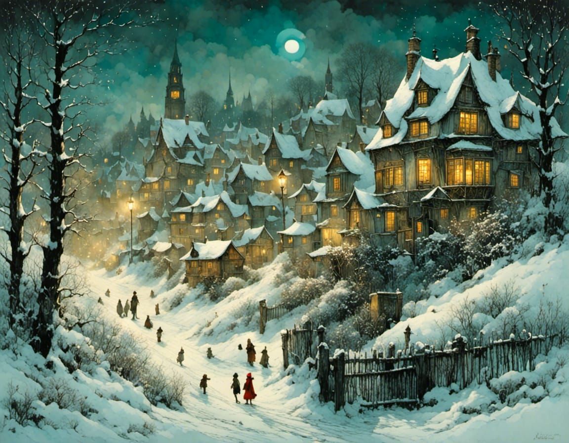Expressive Winter Evening Scene with Intricate Details