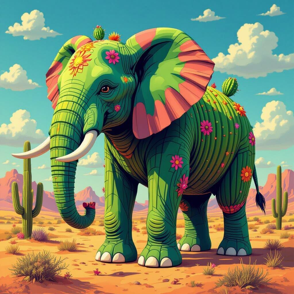 Elephant with Cactus Body and Flippers in Desert