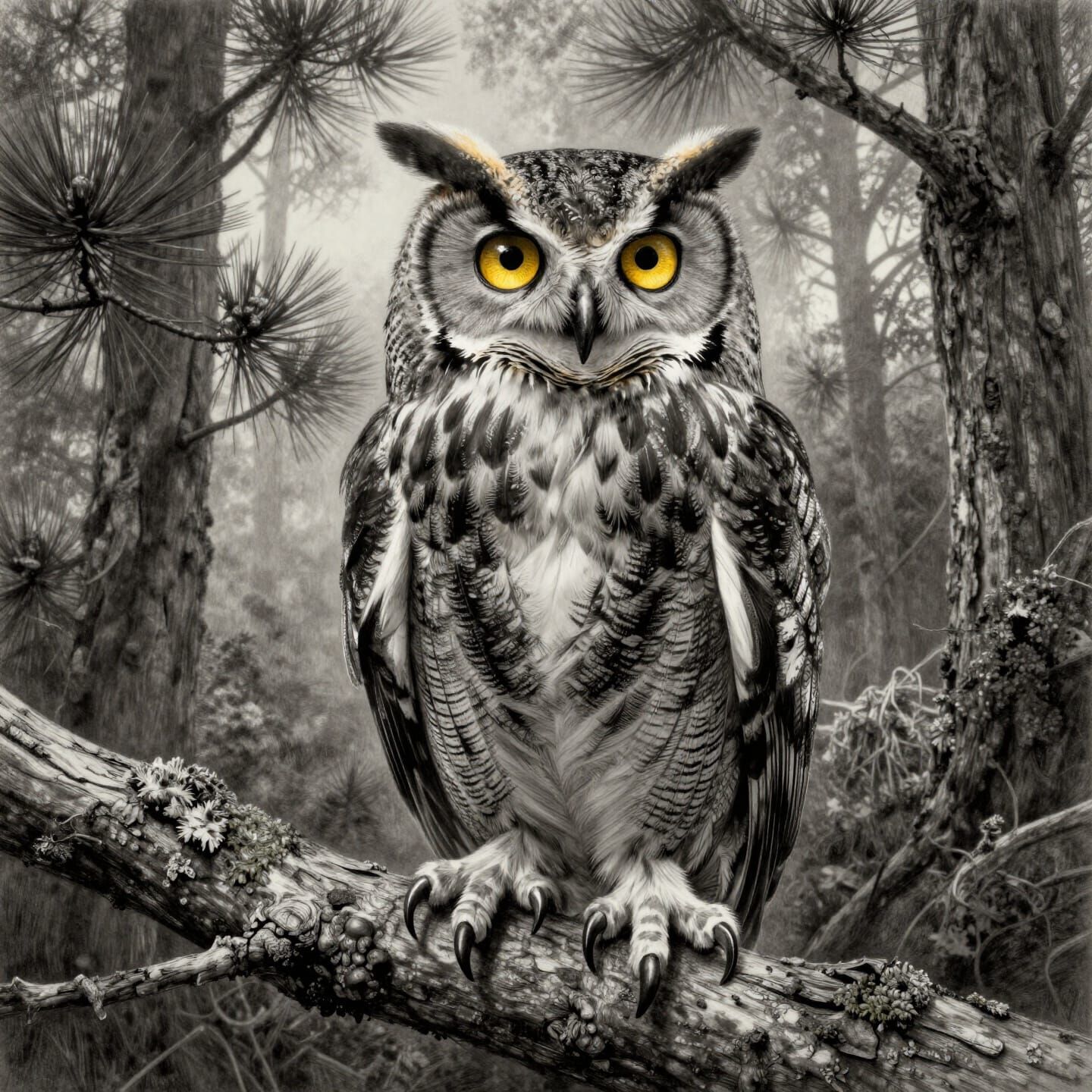 Detailed Graphite Drawing of a Great Horned Owl