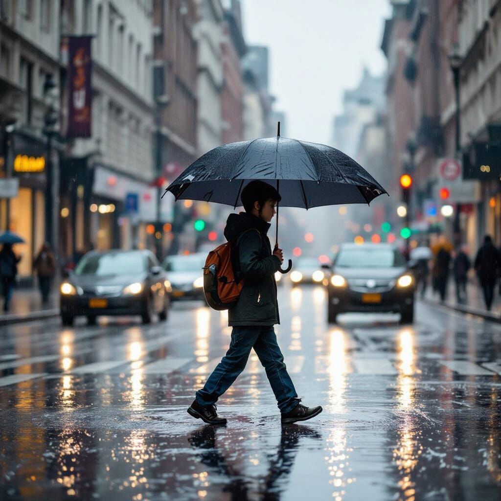 Boy with Umbrella in City Rainstorm