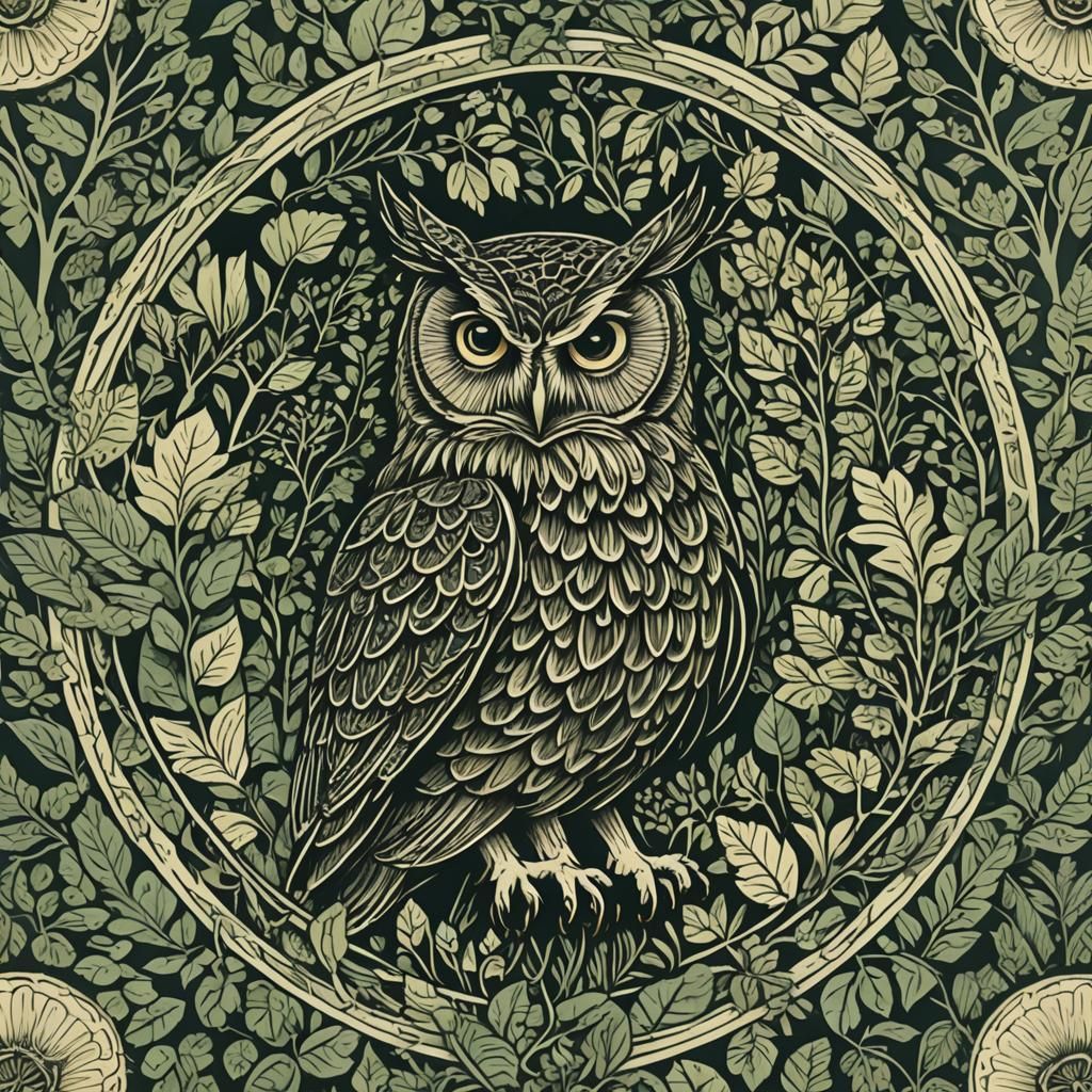 Owl and Cat in Forest, Neo-Primitivism Woodcut