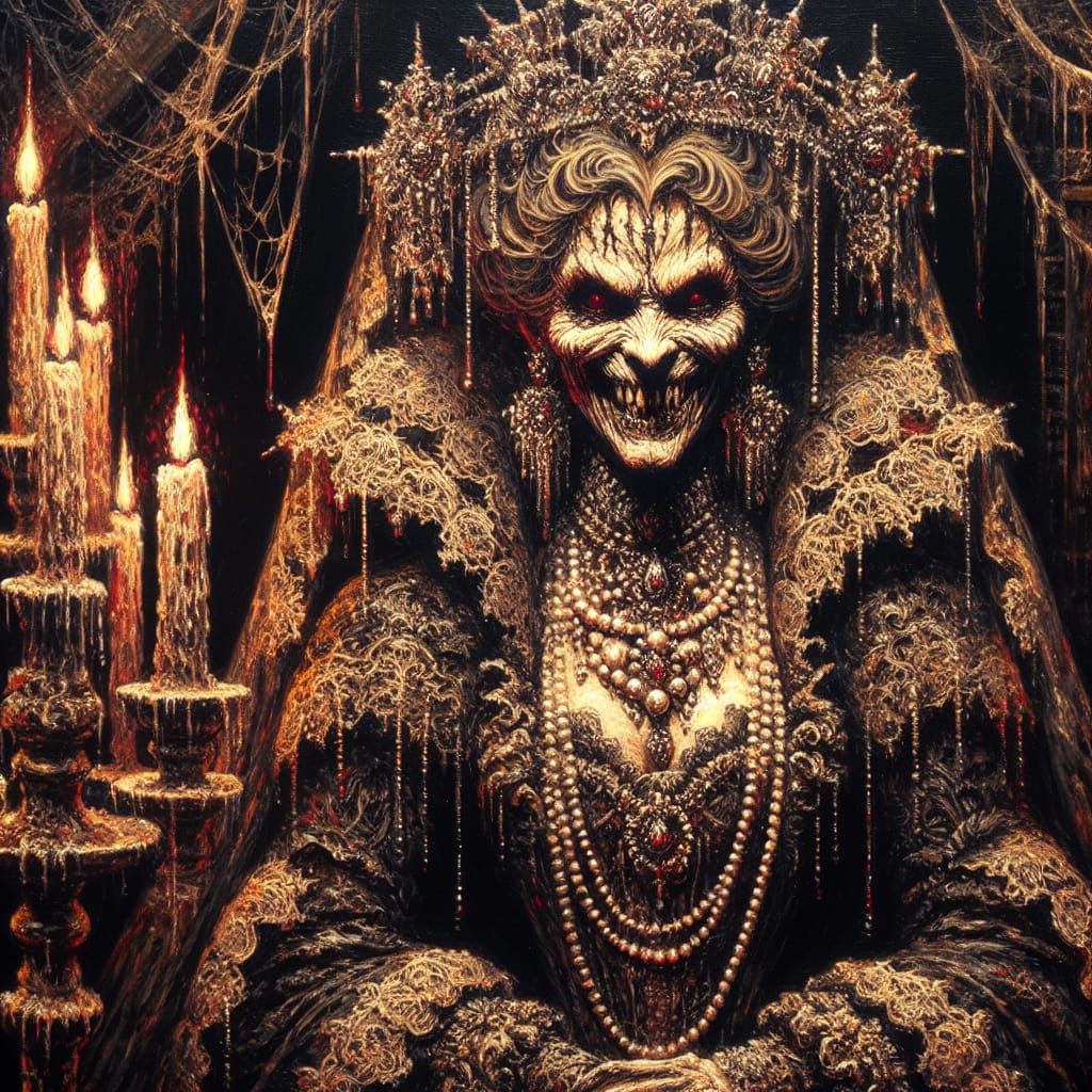 Imposing Evil Queen in Baroque Film Noir Style