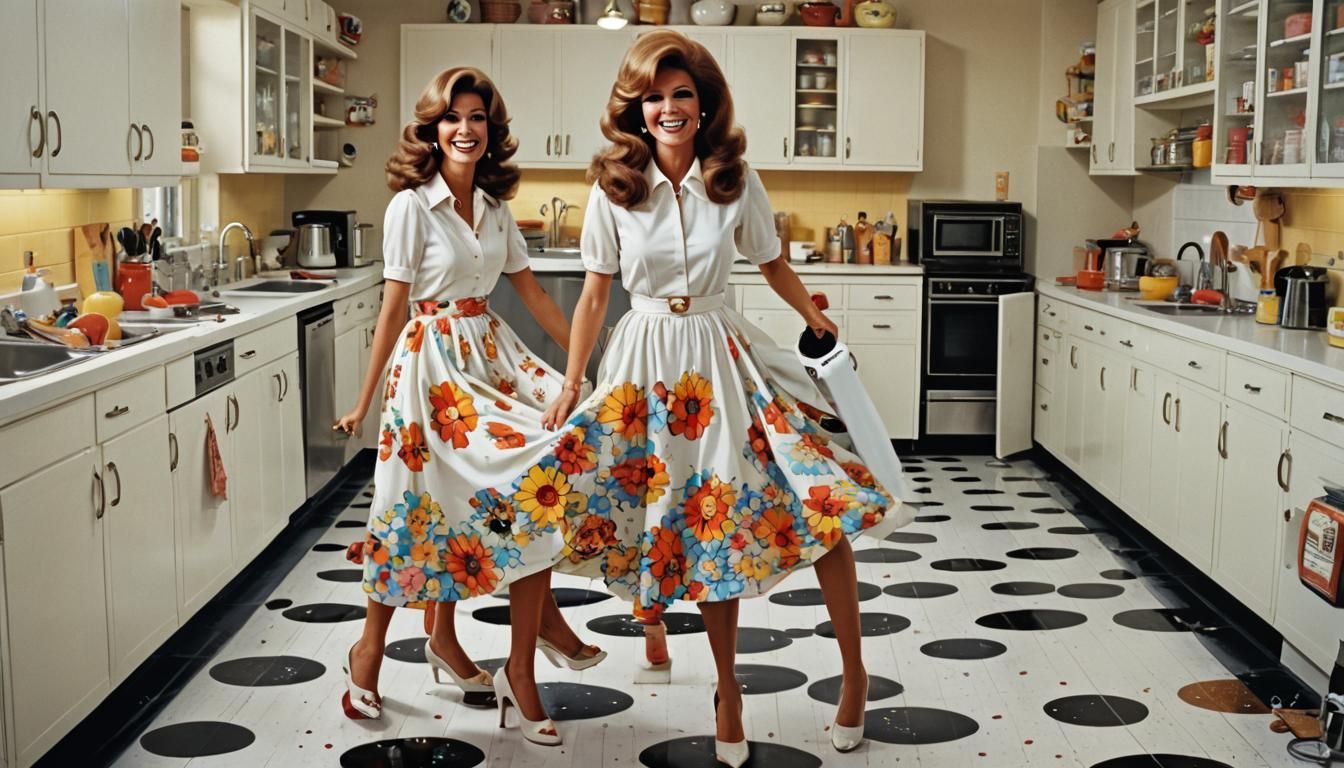 Vintage Fashion Girl in 70s Kitchen, Comic Book Art