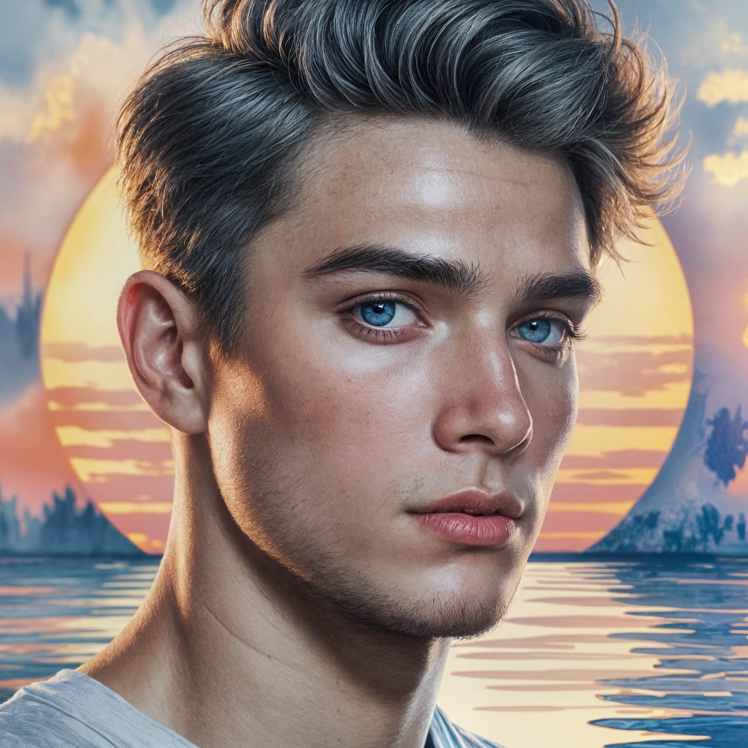 Young Man in Ethereal Sunset Glow